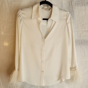 Ramy Brook Cream Button Down Shirt with OSTRICH Feather Details